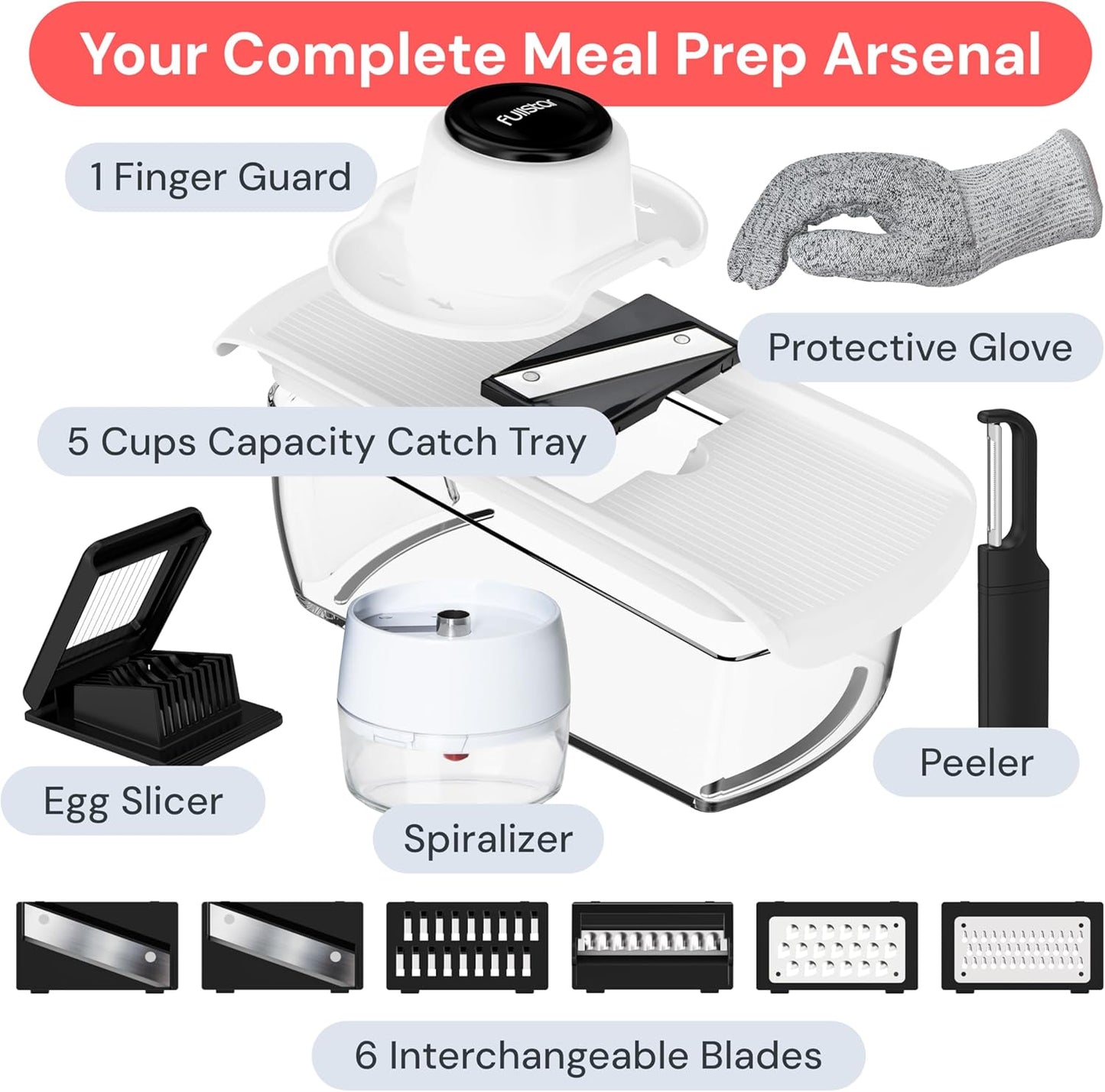 Pro Mandoline Vegetable Slicer, Grater & Spiralizer with Container | 6 in 1 Fruit Cutter, Cheese Grater & Spiralizer with Safety Gloves, Stainless Steel Blades & Container (White)