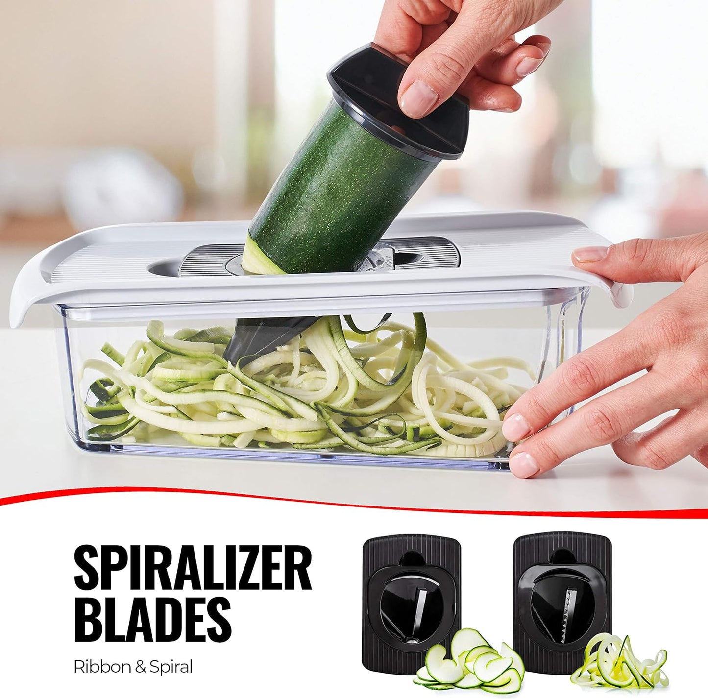 Pro Mandoline Vegetable Slicer, Grater & Spiralizer with Container | 6 in 1 Fruit Cutter, Cheese Grater & Spiralizer with Safety Gloves, Stainless Steel Blades & Container (White)