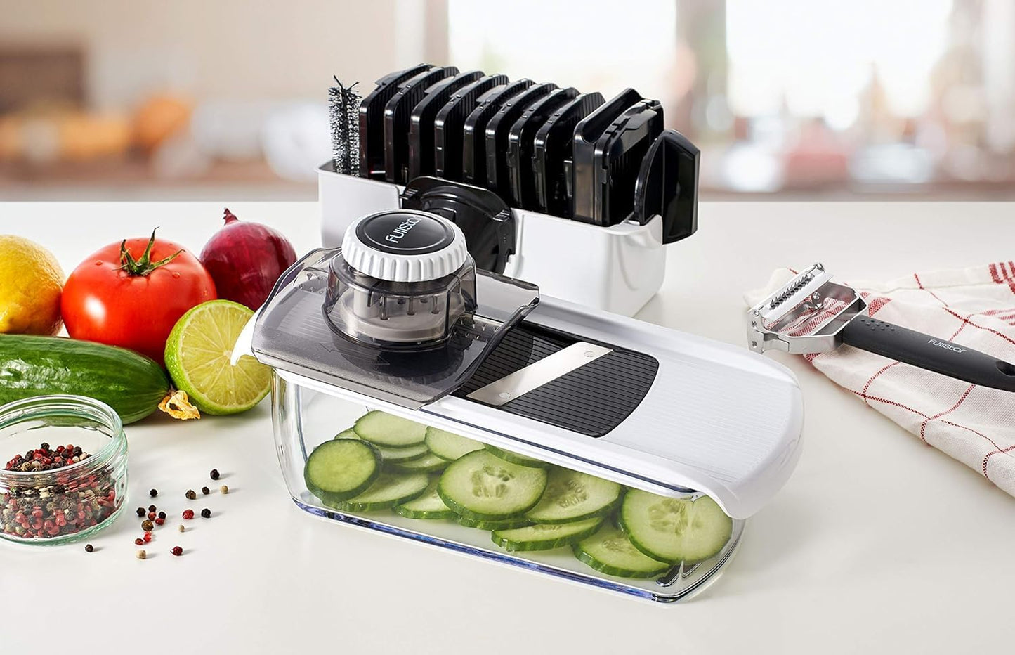 Pro Mandoline Vegetable Slicer, Grater & Spiralizer with Container | 6 in 1 Fruit Cutter, Cheese Grater & Spiralizer with Safety Gloves, Stainless Steel Blades & Container (White)