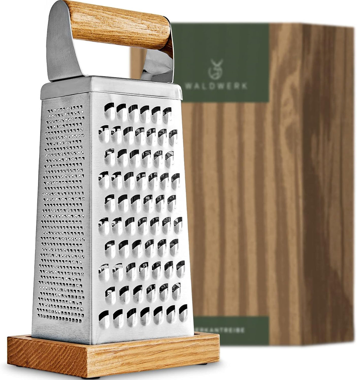 Premium Grater with Etched Stainless Steel Blades - Grater for Kitchen with Oak Wood Base - Box Grater with 4 Sides for Parmesan Cheese, Vegetables, Carrots, or Potatoes - Cheese Grater