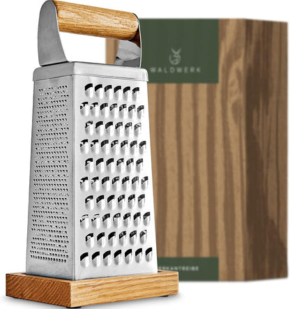 Premium Grater with Etched Stainless Steel Blades - Grater for Kitchen with Oak Wood Base - Box Grater with 4 Sides for Parmesan Cheese, Vegetables, Carrots, or Potatoes - Cheese Grater