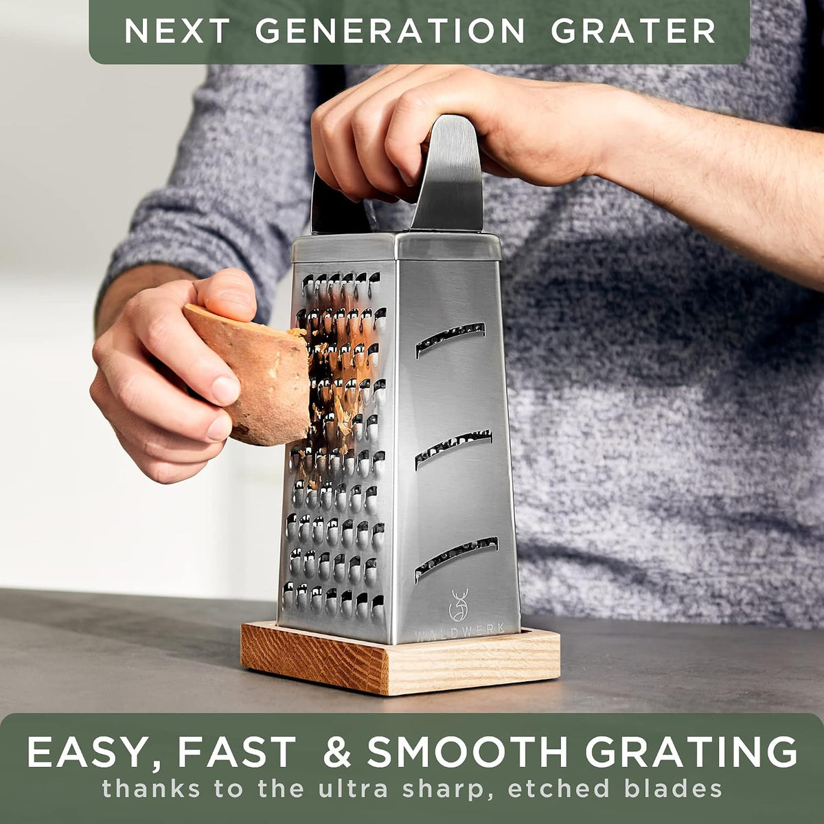 Premium Grater with Etched Stainless Steel Blades - Grater for Kitchen with Oak Wood Base - Box Grater with 4 Sides for Parmesan Cheese, Vegetables, Carrots, or Potatoes - Cheese Grater