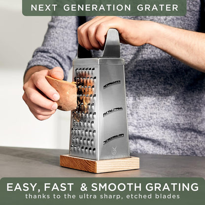 Premium Grater with Etched Stainless Steel Blades - Grater for Kitchen with Oak Wood Base - Box Grater with 4 Sides for Parmesan Cheese, Vegetables, Carrots, or Potatoes - Cheese Grater