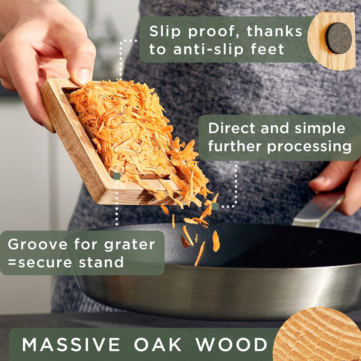 Premium Grater with Etched Stainless Steel Blades - Grater for Kitchen with Oak Wood Base - Box Grater with 4 Sides for Parmesan Cheese, Vegetables, Carrots, or Potatoes - Cheese Grater