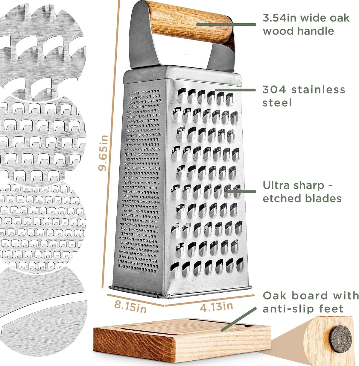 Premium Grater with Etched Stainless Steel Blades - Grater for Kitchen with Oak Wood Base - Box Grater with 4 Sides for Parmesan Cheese, Vegetables, Carrots, or Potatoes - Cheese Grater