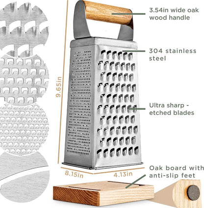Premium Grater with Etched Stainless Steel Blades - Grater for Kitchen with Oak Wood Base - Box Grater with 4 Sides for Parmesan Cheese, Vegetables, Carrots, or Potatoes - Cheese Grater