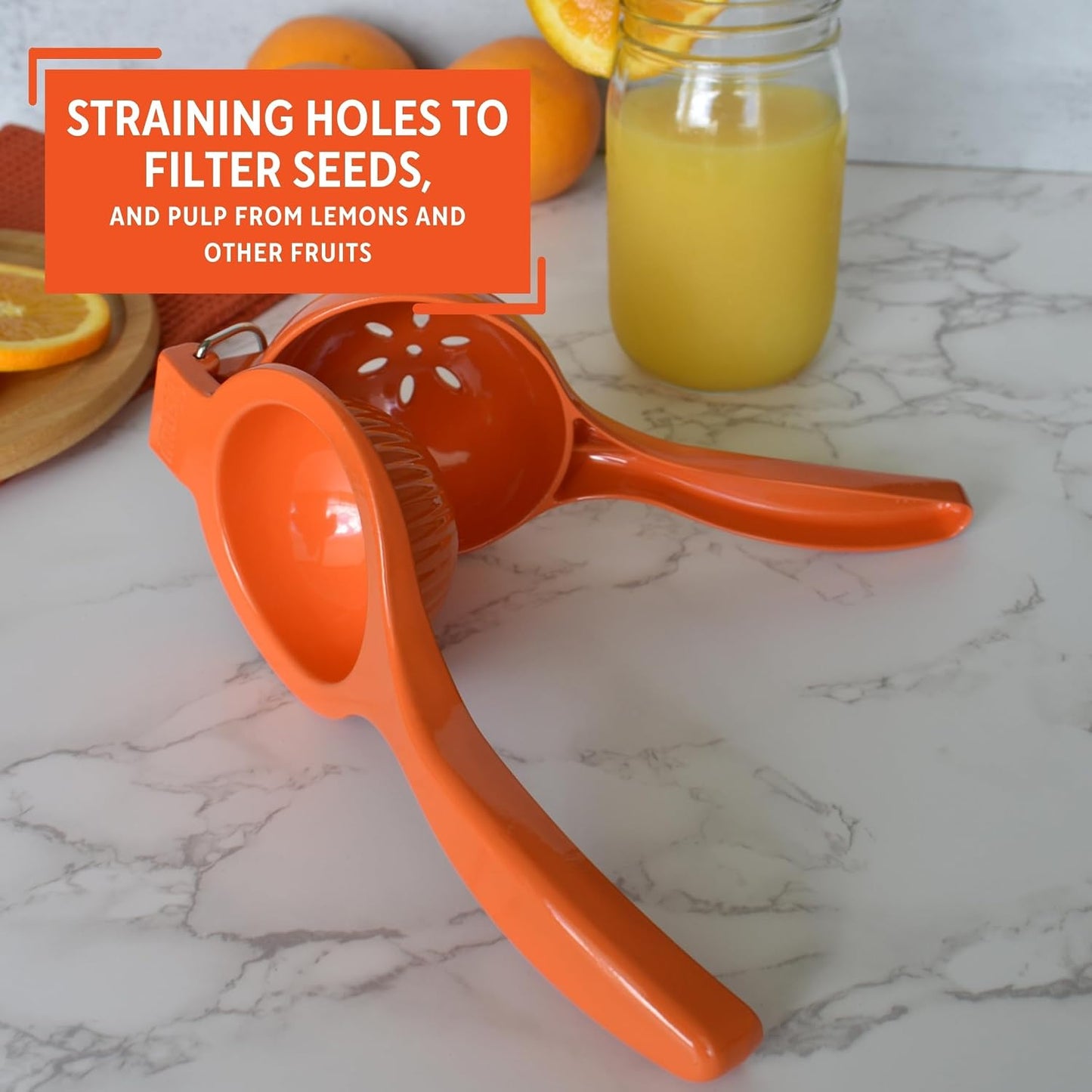 IMUSA Orange and Citrus Squeezer, Orange | Bare Metal Finish, Built-In Hanging Ring, Ideal for Juicing Lemons and Limes, Everyday Kitchen Tool