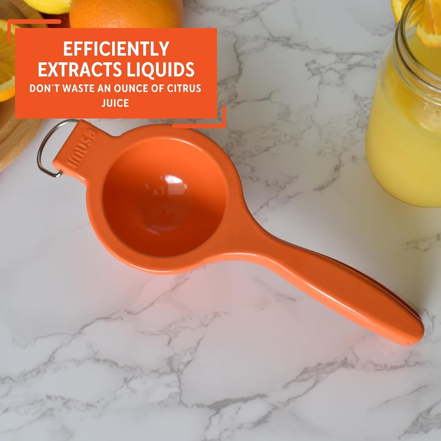 IMUSA Orange and Citrus Squeezer, Orange | Bare Metal Finish, Built-In Hanging Ring, Ideal for Juicing Lemons and Limes, Everyday Kitchen Tool