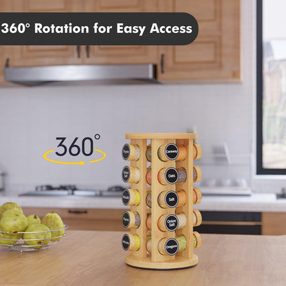 Revolving Spice Rack Set with 20 Spice Jars, Kitchen Spice Tower Organizer for Countertop or Cabinet -- Carousel Storage Includes 386 Spice Labels -- Desktop Rotating Seasoning Organizer