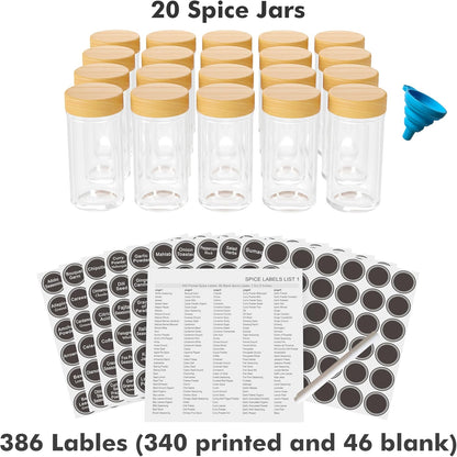 Revolving Spice Rack Set with 20 Spice Jars, Kitchen Spice Tower Organizer for Countertop or Cabinet -- Carousel Storage Includes 386 Spice Labels -- Desktop Rotating Seasoning Organizer