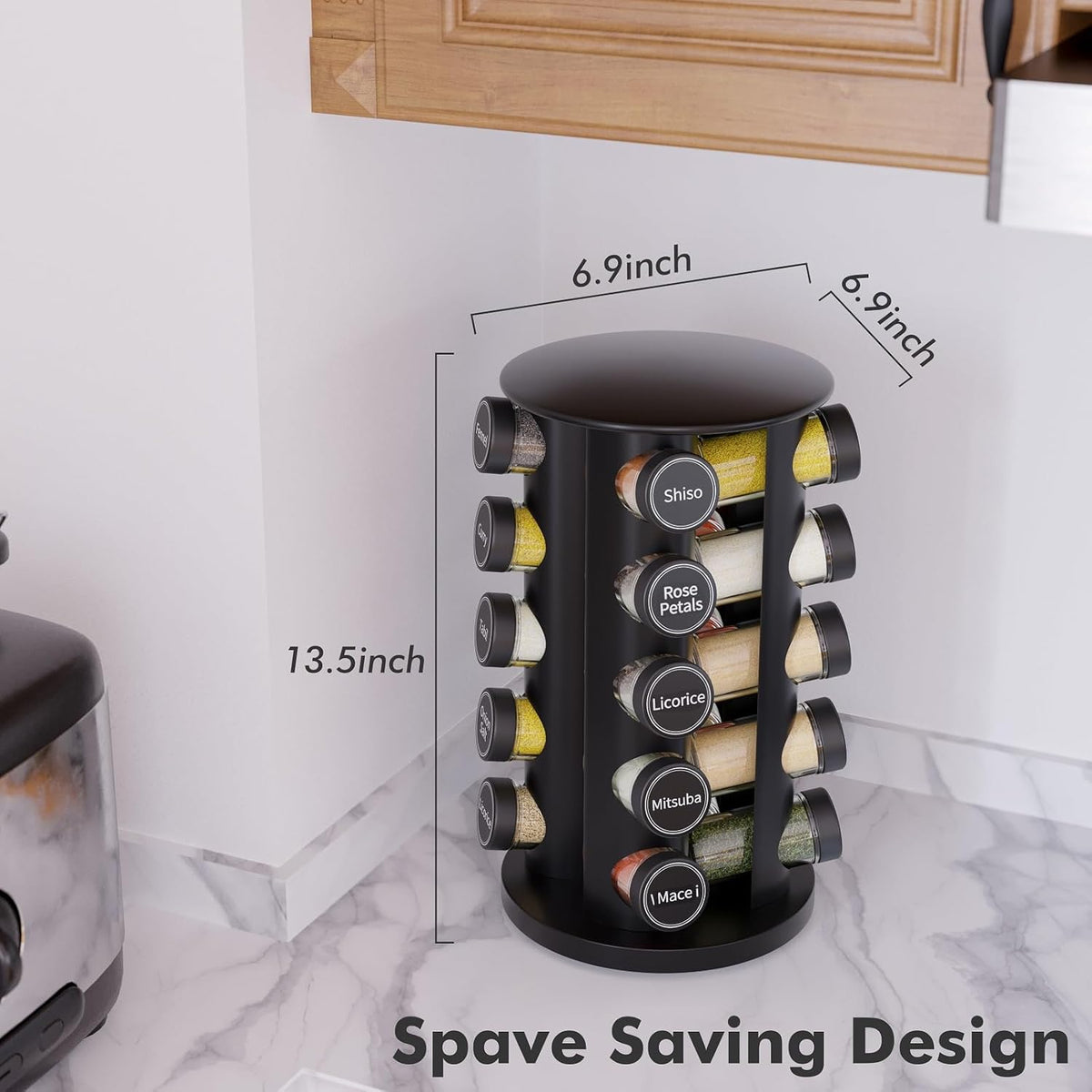 Revolving Spice Rack Set with 20 Spice Jars, Kitchen Spice Tower Organizer for Countertop or Cabinet -- Carousel Storage Includes 386 Spice Labels -- Desktop Rotating Seasoning Organizer