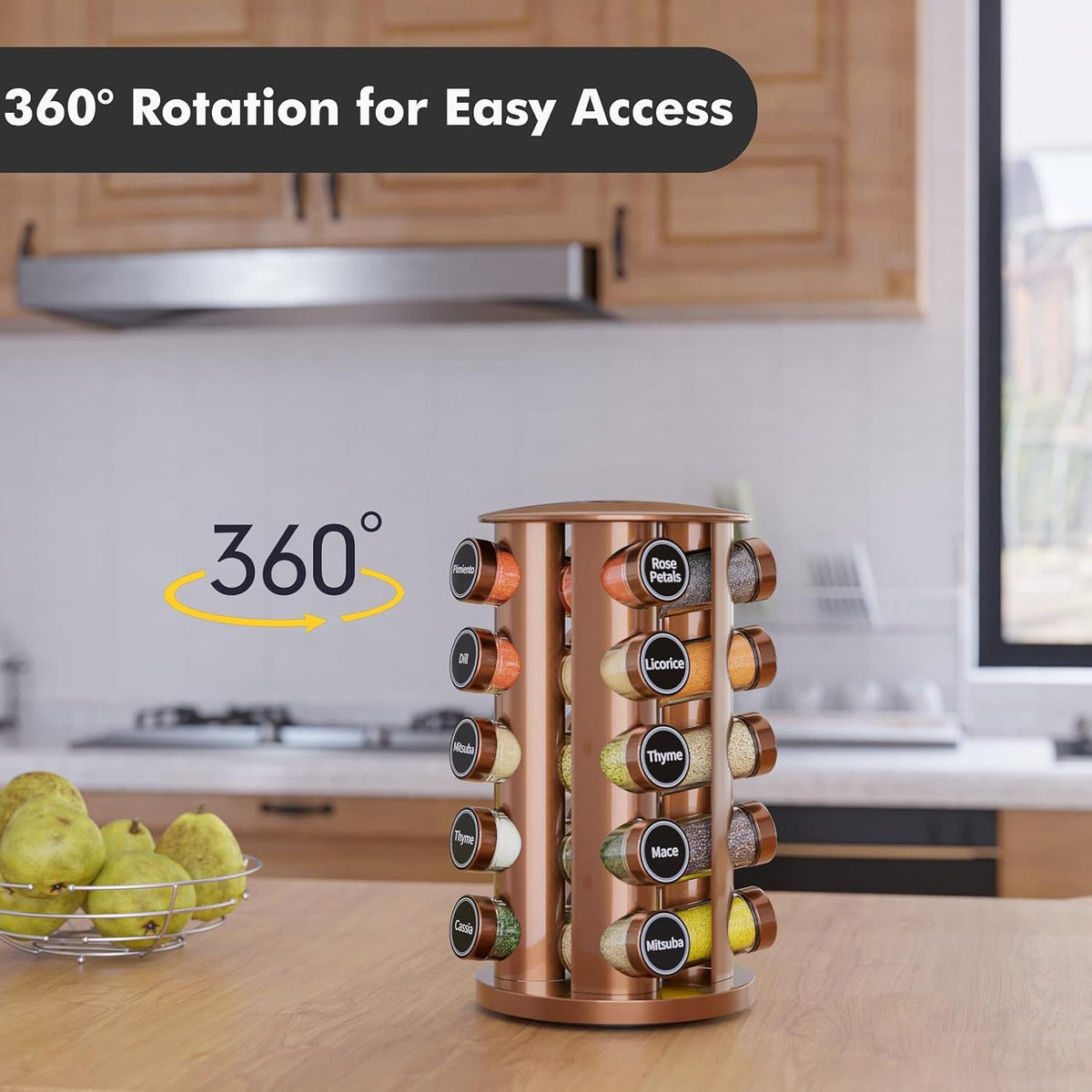 Revolving Spice Rack Set with 20 Spice Jars, Kitchen Spice Tower Organizer for Countertop or Cabinet -- Carousel Storage Includes 386 Spice Labels -- Desktop Rotating Seasoning Organizer