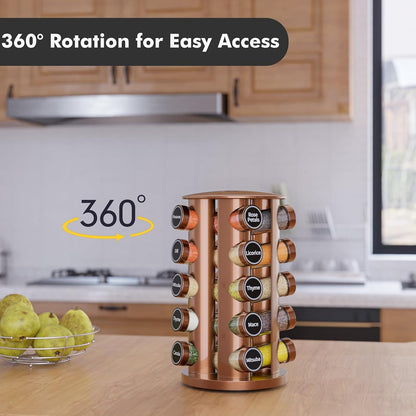 Revolving Spice Rack Set with 20 Spice Jars, Kitchen Spice Tower Organizer for Countertop or Cabinet -- Carousel Storage Includes 386 Spice Labels -- Desktop Rotating Seasoning Organizer