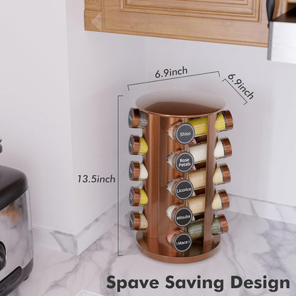 Revolving Spice Rack Set with 20 Spice Jars, Kitchen Spice Tower Organizer for Countertop or Cabinet -- Carousel Storage Includes 386 Spice Labels -- Desktop Rotating Seasoning Organizer