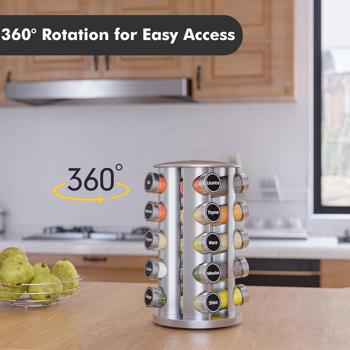 Revolving Spice Rack Set with 20 Spice Jars, Kitchen Spice Tower Organizer for Countertop or Cabinet -- Carousel Storage Includes 386 Spice Labels -- Desktop Rotating Seasoning Organizer