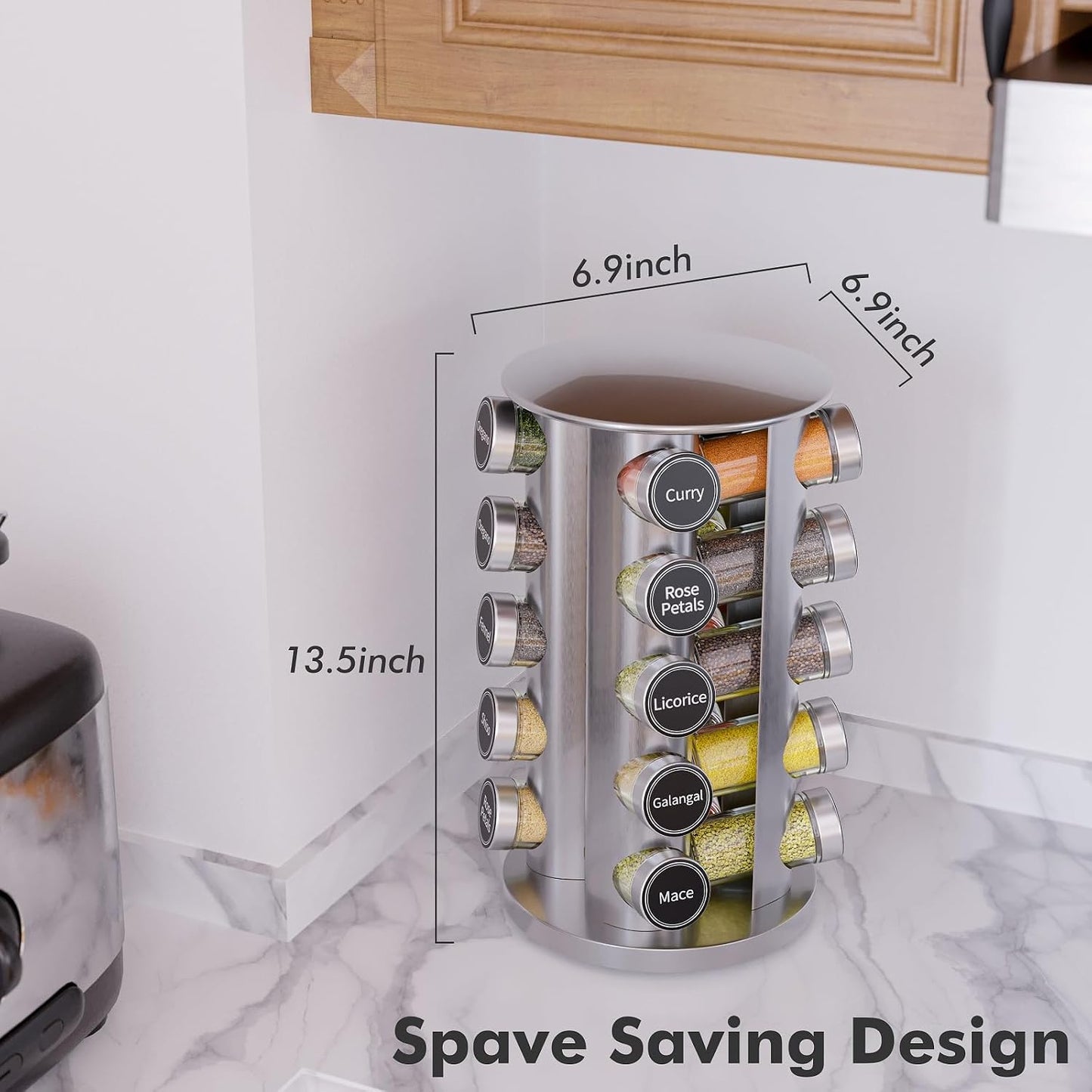 Revolving Spice Rack Set with 20 Spice Jars, Kitchen Spice Tower Organizer for Countertop or Cabinet -- Carousel Storage Includes 386 Spice Labels -- Desktop Rotating Seasoning Organizer