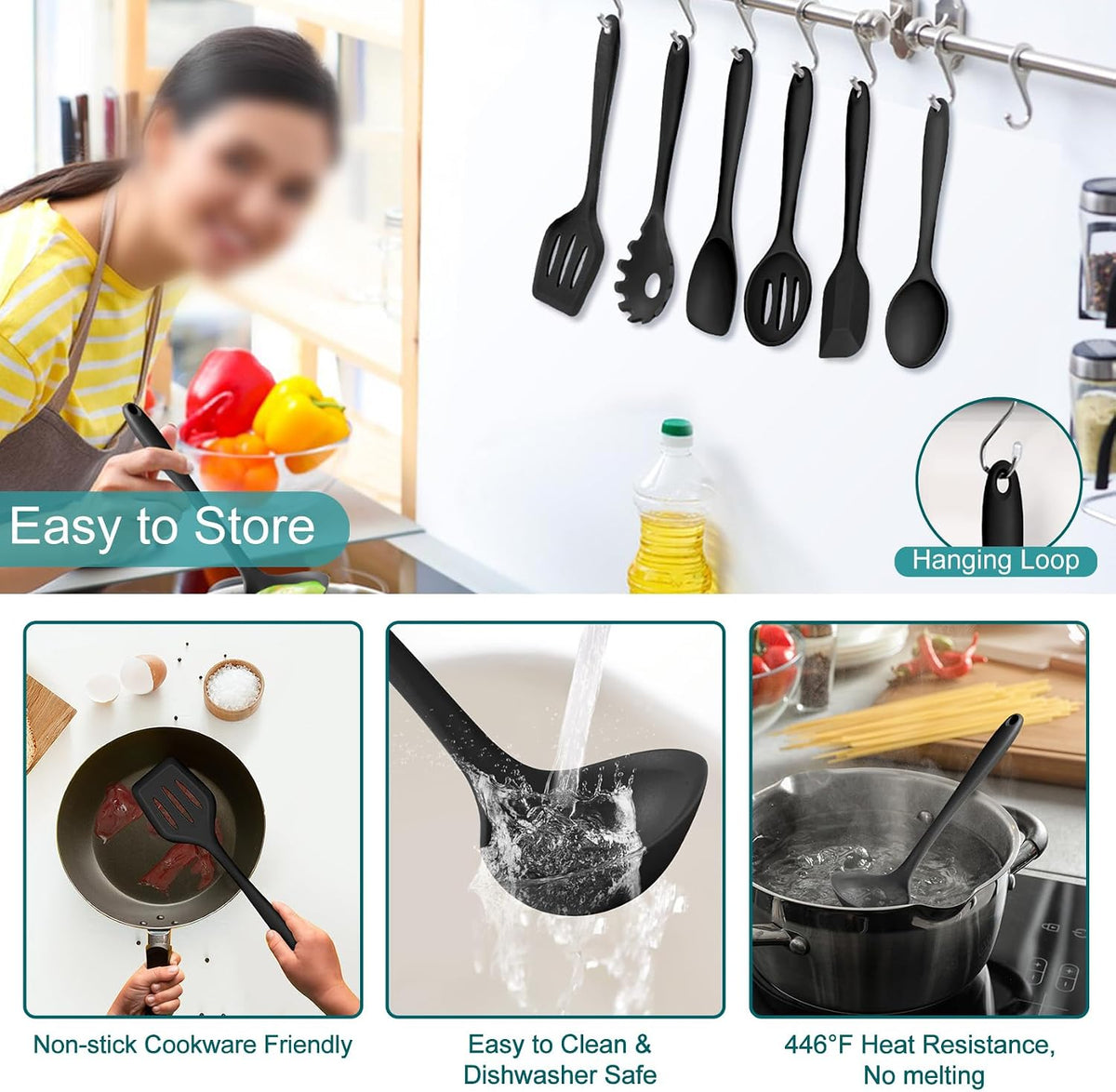 Silicone Cooking Utensil Set of 7, Kitchen Cooking Utensil Set