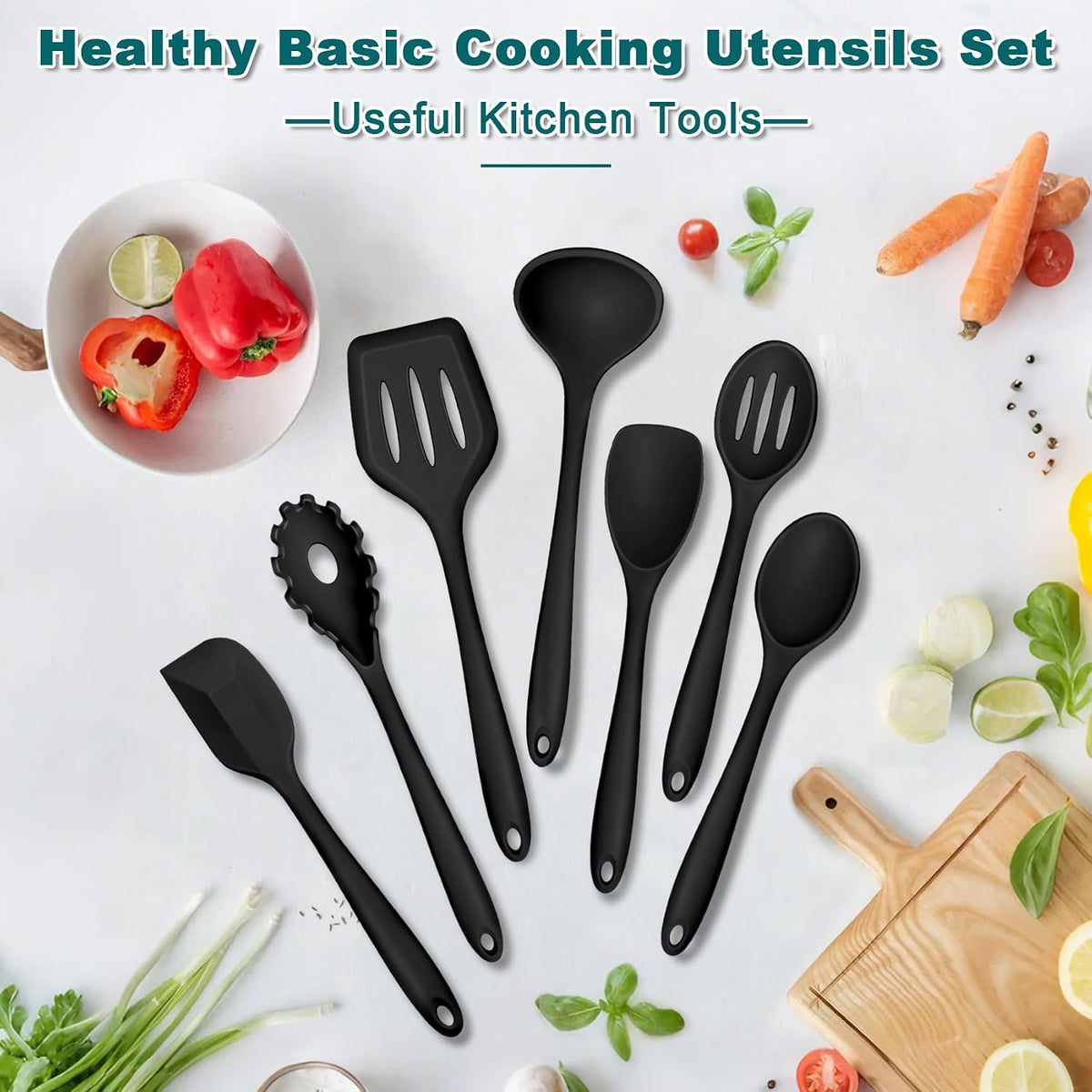 Silicone Cooking Utensil Set of 7, Kitchen Cooking Utensil Set