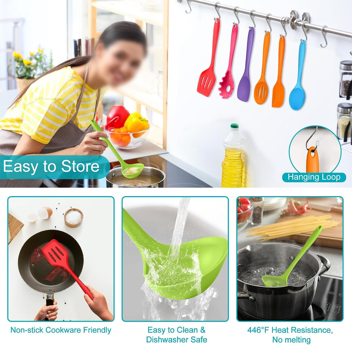 Silicone Cooking Utensil Set of 7, Kitchen Cooking Utensil Set