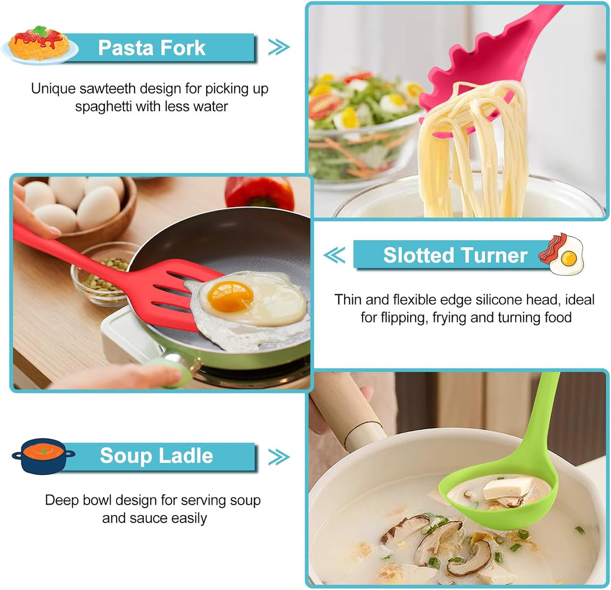 Silicone Cooking Utensil Set of 7, Kitchen Cooking Utensil Set