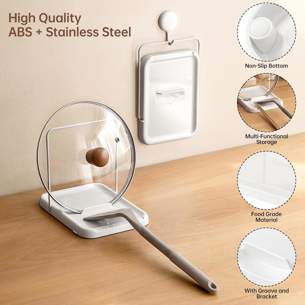 Pot Lid Holder with Spoon Rest, Foldable, White | Foldable for Compact Storage, Nonslip Pads Prevent Sliding, Holds Lids & Cooking Utensils, Fits Kitchen Counter & Stove Top