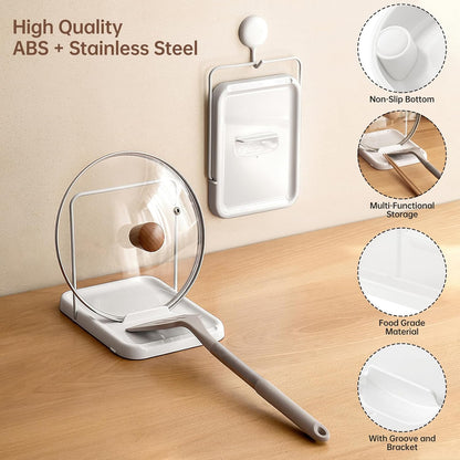 Pot Lid Holder with Spoon Rest, Foldable, White | Foldable for Compact Storage, Nonslip Pads Prevent Sliding, Holds Lids & Cooking Utensils, Fits Kitchen Counter & Stove Top