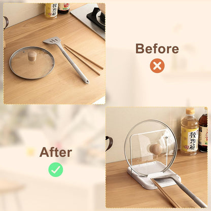 Pot Lid Holder with Spoon Rest, Foldable, White | Foldable for Compact Storage, Nonslip Pads Prevent Sliding, Holds Lids & Cooking Utensils, Fits Kitchen Counter & Stove Top