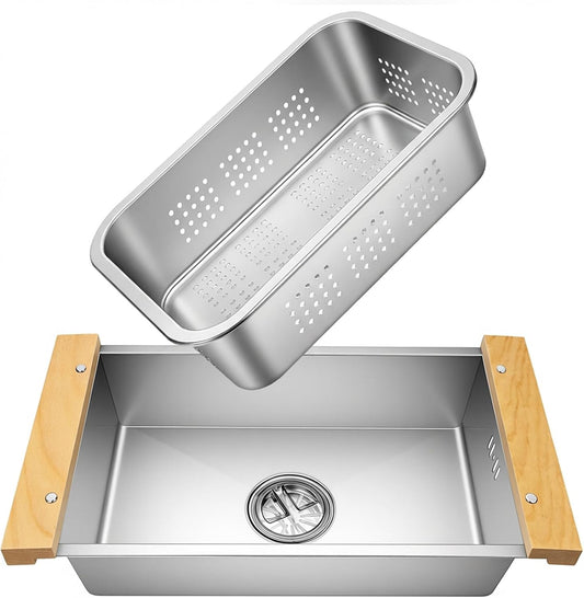 Over the Sink Colander & Dish Basin Combo,Dish Pan for Sink,Sink Wash Basin | Stainless Steel Dish Basin with Drain, Dish Washing Pan for Kitchen Sink, wash tub for dishes, sink accessories