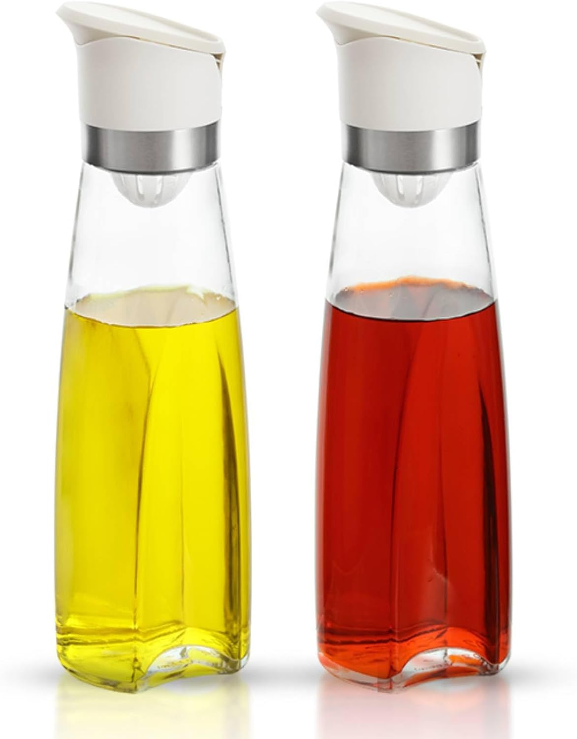 Premium Glass Olive Oil and Vinegar Dispenser Bottles Set, 2-Piece 11oz Kitchen Cooking Cruet with Auto-Open Lid, Non-Drip Pouring Spout, Oil Infuser Filter, Dishwasher Safe