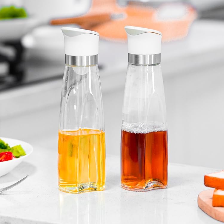 Premium Glass Olive Oil and Vinegar Dispenser Bottles Set, 2-Piece 11oz Kitchen Cooking Cruet with Auto-Open Lid, Non-Drip Pouring Spout, Oil Infuser Filter, Dishwasher Safe