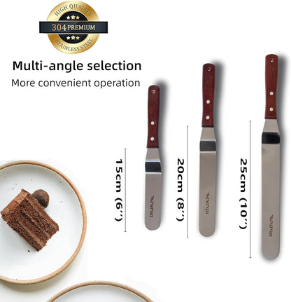 Straight Icing Spatula Stainless Steel Baking Set of 6", 8" & 10" Wooden Handle Cake Decorating Frosting Spatulas