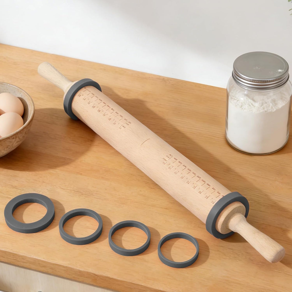 Long Adjustable Wood Rolling Pin: 21.1 Inch Rolling Pin with Thickness Ring
