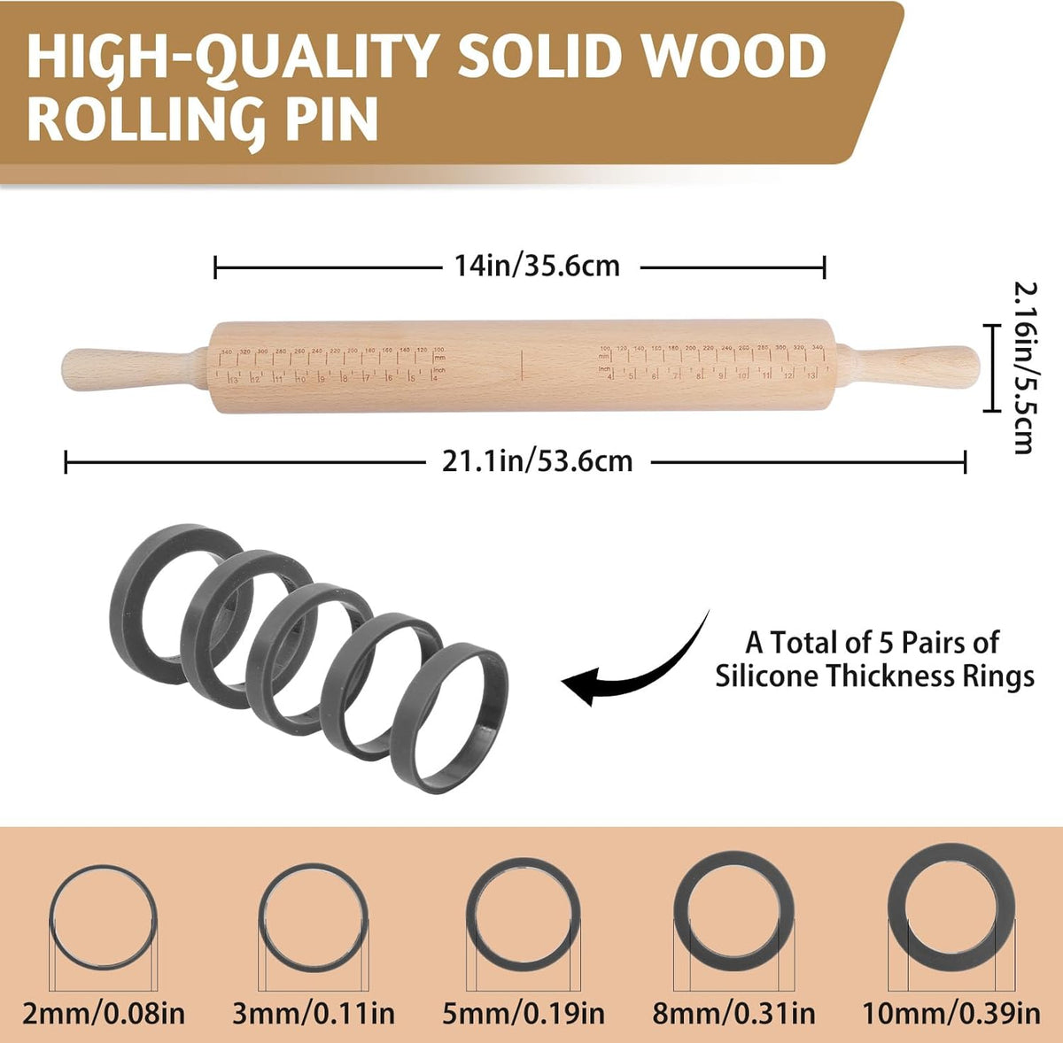 Long Adjustable Wood Rolling Pin: 21.1 Inch Rolling Pin with Thickness Ring