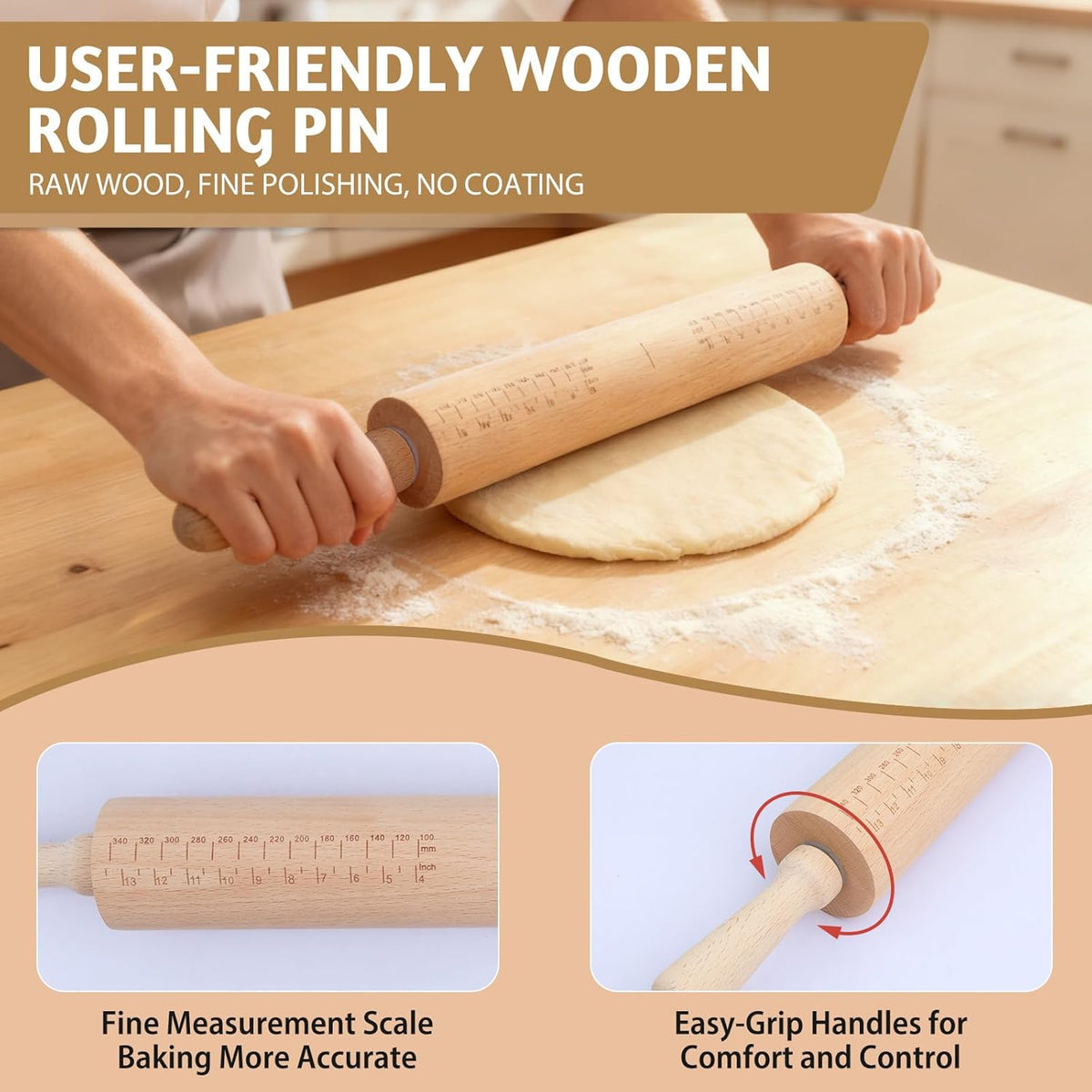 Long Adjustable Wood Rolling Pin: 21.1 Inch Rolling Pin with Thickness Ring