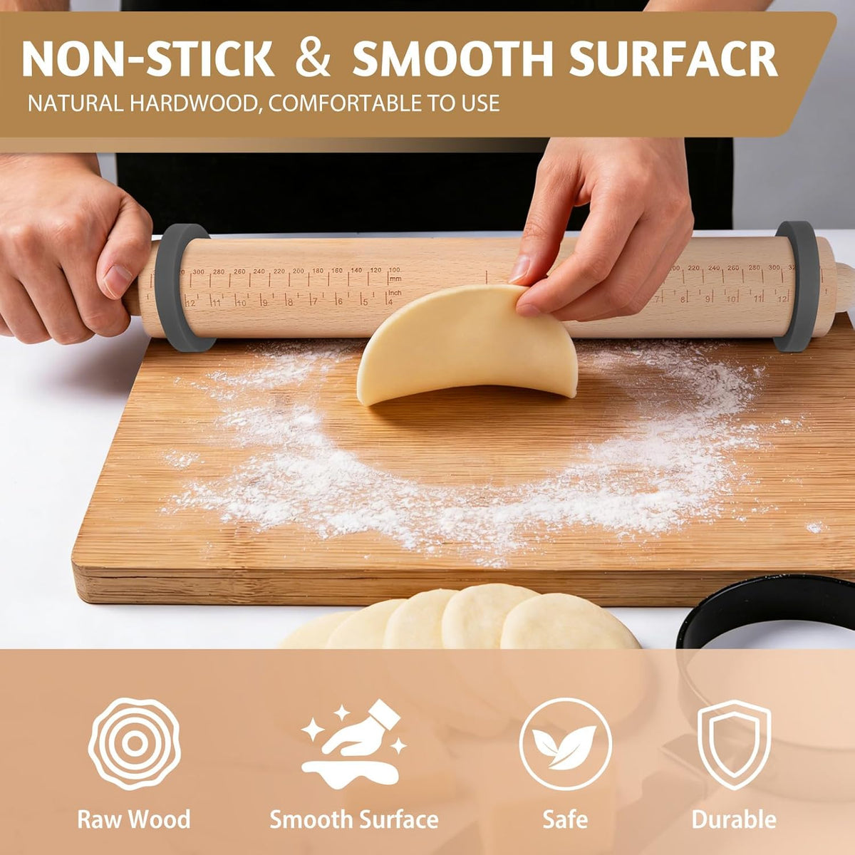 Long Adjustable Wood Rolling Pin: 21.1 Inch Rolling Pin with Thickness Ring