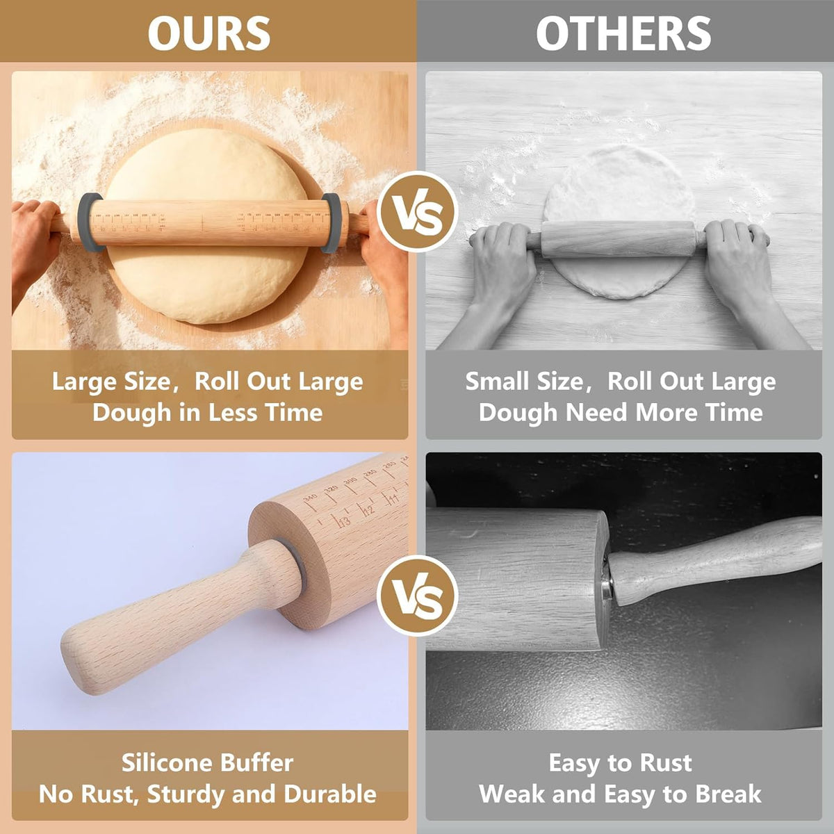 Long Adjustable Wood Rolling Pin: 21.1 Inch Rolling Pin with Thickness Ring