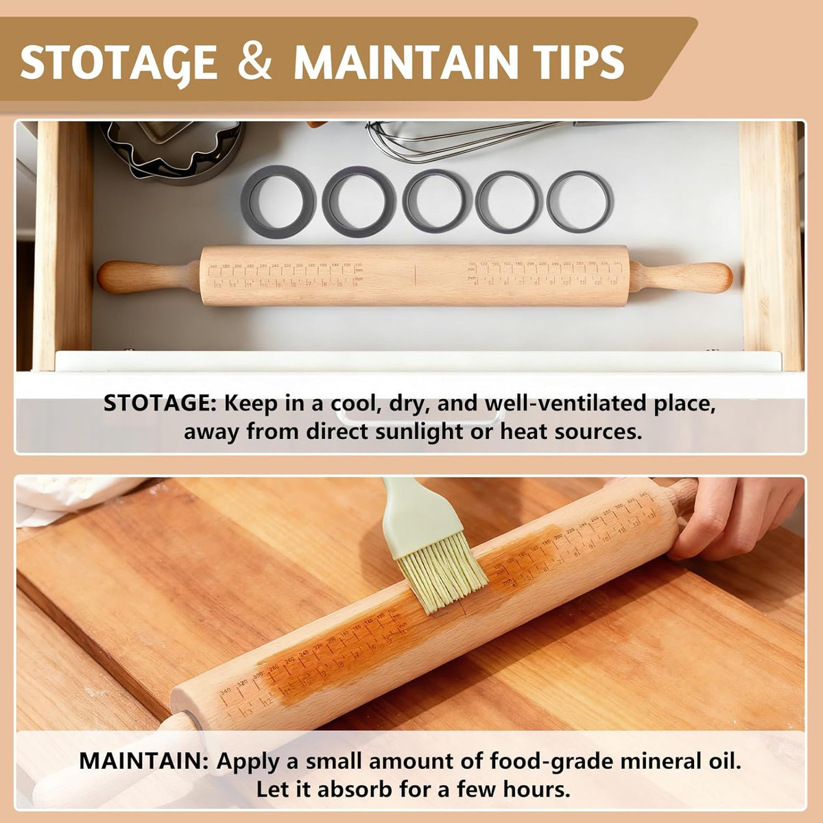 Long Adjustable Wood Rolling Pin: 21.1 Inch Rolling Pin with Thickness Ring