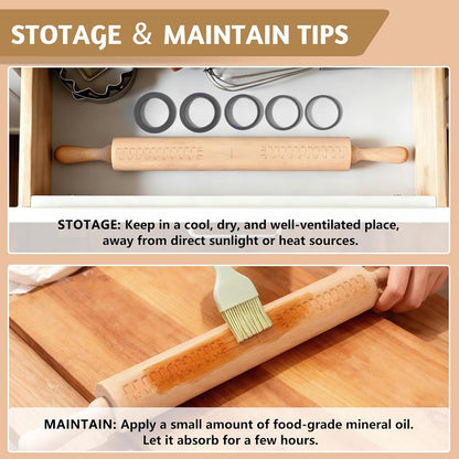 Long Adjustable Wood Rolling Pin: 21.1 Inch Rolling Pin with Thickness Ring