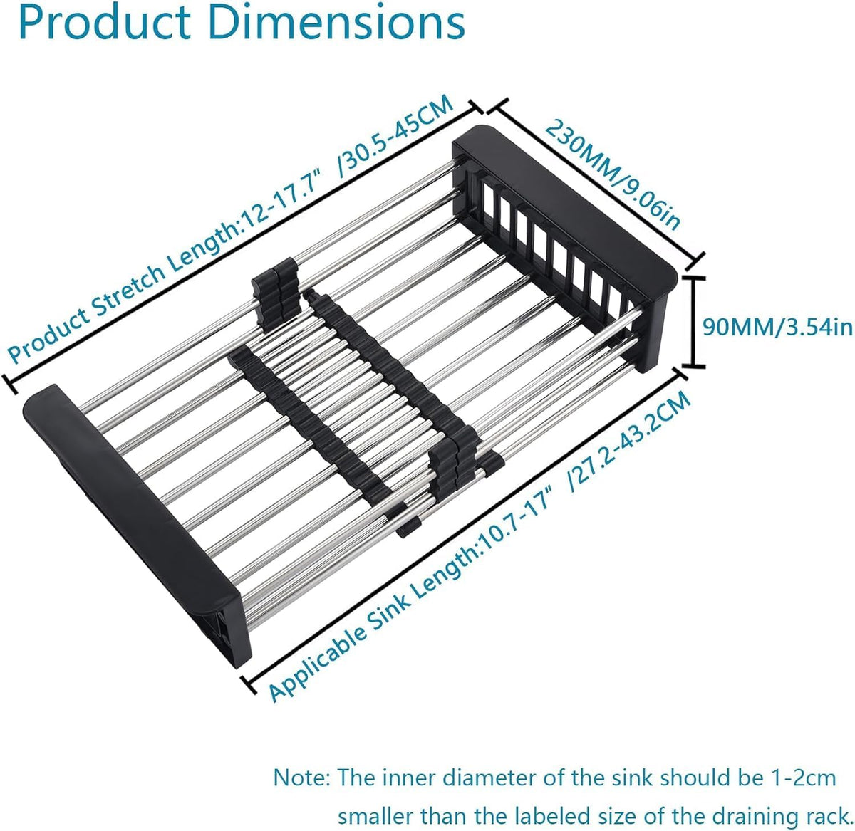 Over The Sink Dish Drying Rack, Stainless Steel Expandable Telescopic Drain Basket with Adjustable Arms - Functional Kitchen Sink Organizer for Dishes, Vegetables & Fruits (Large, Black)