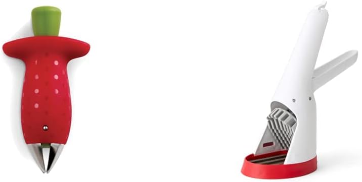 Original Stem Gem Strawberry Huller, Red/Green - and Hand-Held Slicer Strawberry Slicester, Cherry/Meringue