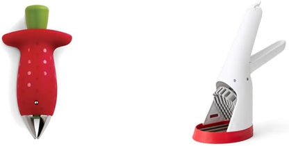 Original Stem Gem Strawberry Huller, Red/Green - and Hand-Held Slicer Strawberry Slicester, Cherry/Meringue