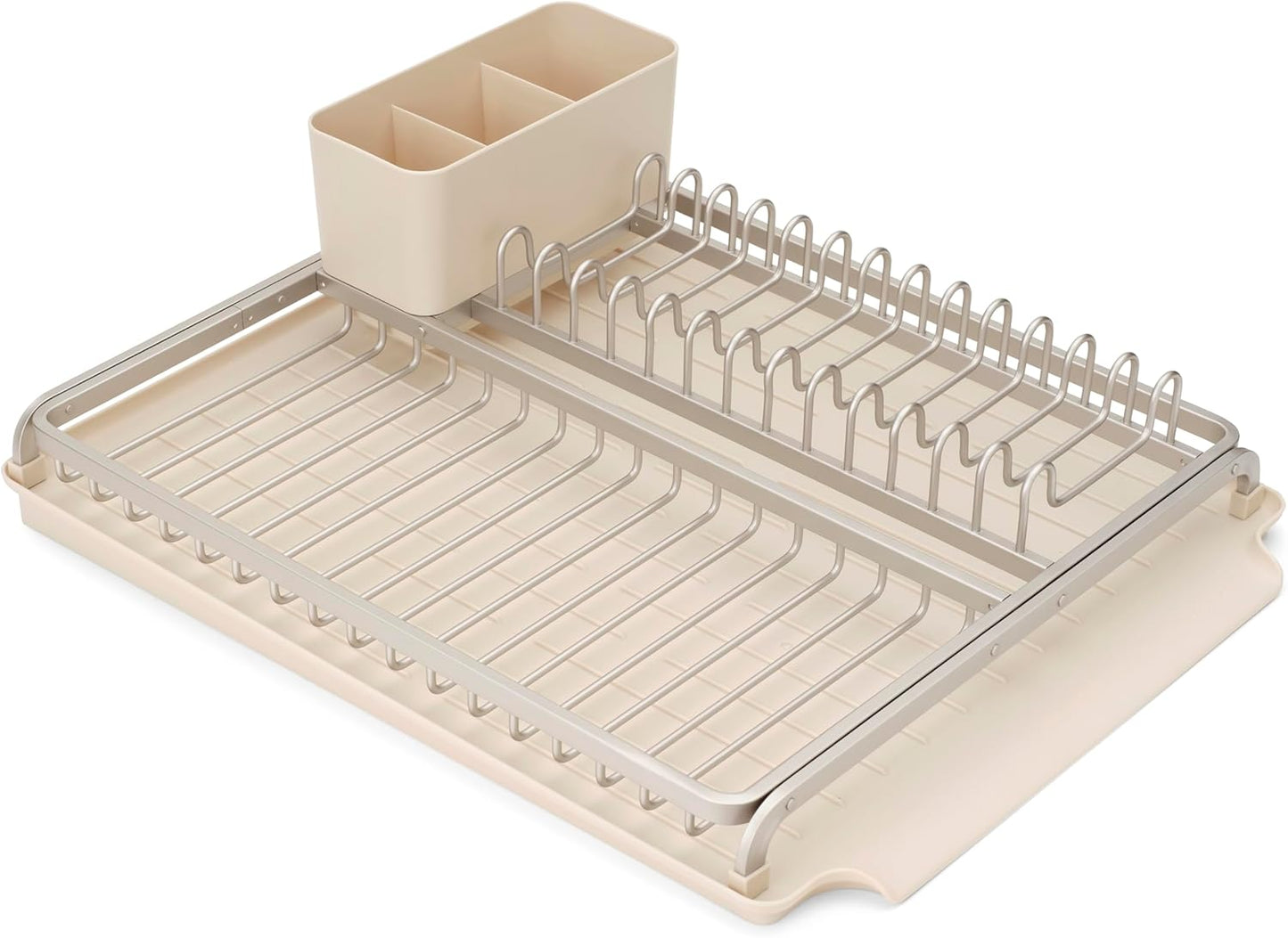 SinkSide Dish Drying Rack (Soft Beige), Sleek Sink Organizer with Removable Cutlery Basket, Versatile Sink Drainer for Dishes and Kitchen Accessories