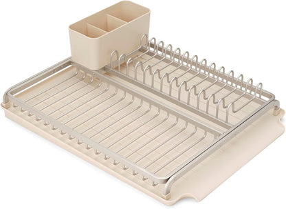 SinkSide Dish Drying Rack (Soft Beige), Sleek Sink Organizer with Removable Cutlery Basket, Versatile Sink Drainer for Dishes and Kitchen Accessories