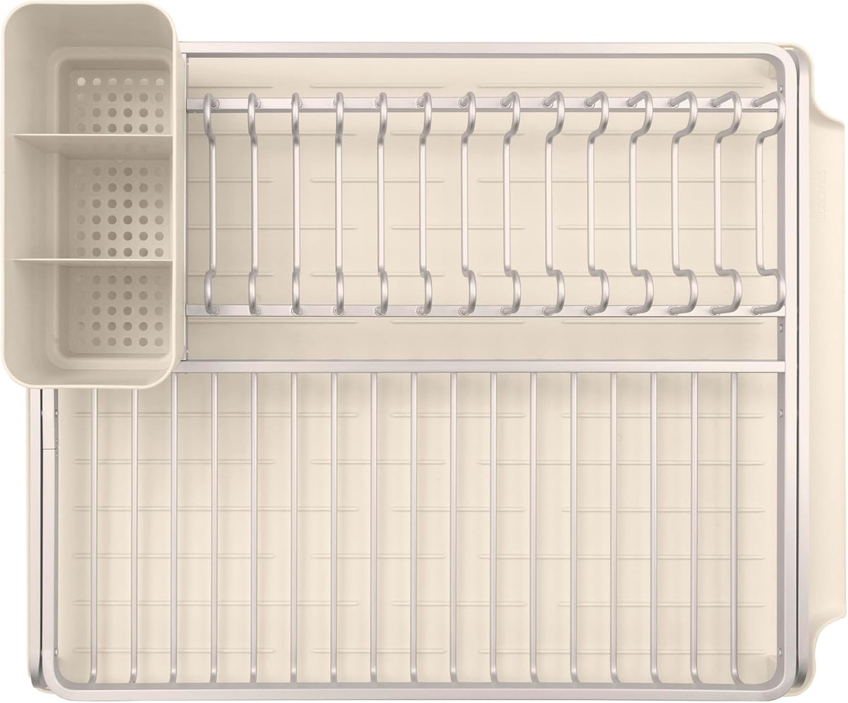 SinkSide Dish Drying Rack (Soft Beige), Sleek Sink Organizer with Removable Cutlery Basket, Versatile Sink Drainer for Dishes and Kitchen Accessories