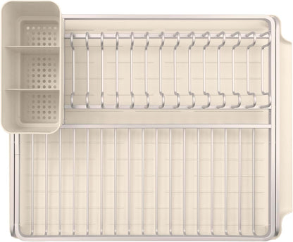 SinkSide Dish Drying Rack (Soft Beige), Sleek Sink Organizer with Removable Cutlery Basket, Versatile Sink Drainer for Dishes and Kitchen Accessories