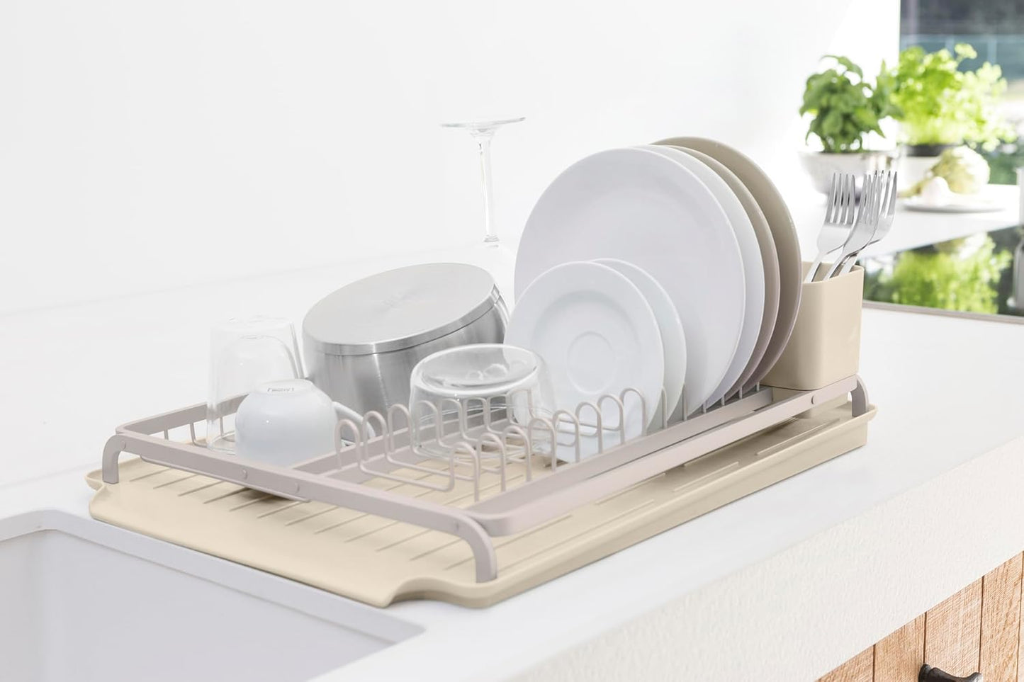 SinkSide Dish Drying Rack (Soft Beige), Sleek Sink Organizer with Removable Cutlery Basket, Versatile Sink Drainer for Dishes and Kitchen Accessories