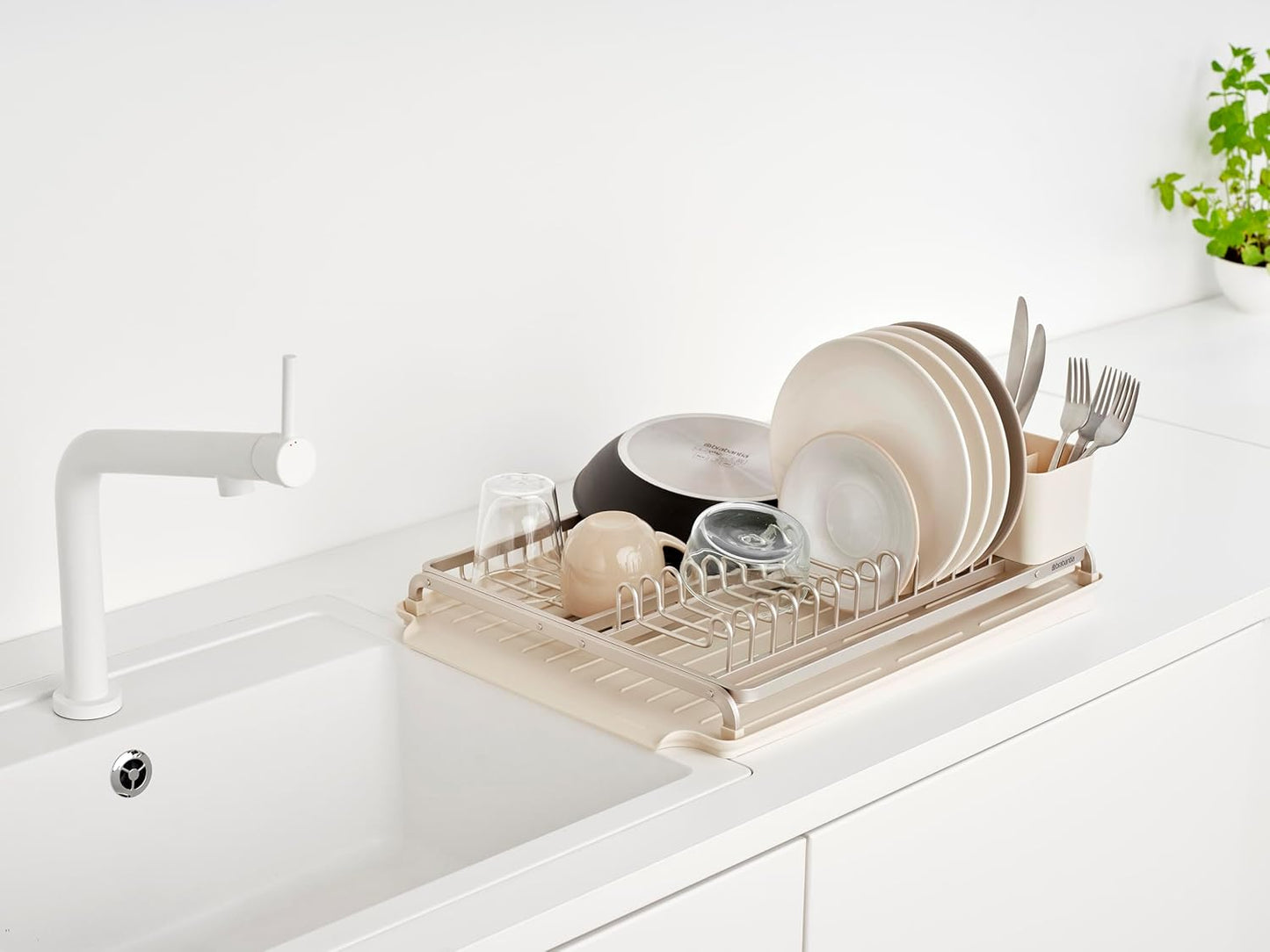 SinkSide Dish Drying Rack (Soft Beige), Sleek Sink Organizer with Removable Cutlery Basket, Versatile Sink Drainer for Dishes and Kitchen Accessories