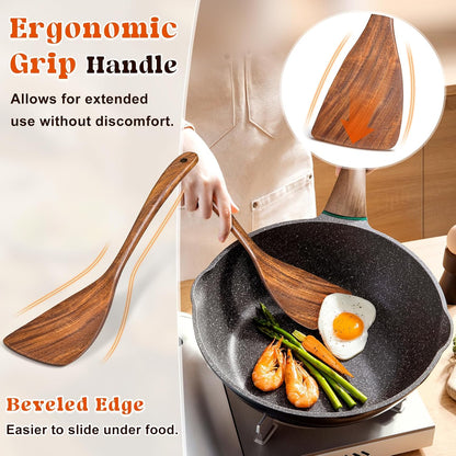 2Pcs Wooden Spatula, Acacia Solid & Slotted Turner Spatula Set, Long Handle Flat Frying Spatulas, Ideal Kitchen Gift for Mother and Grandma, Kitchen Utensils Set for Cooking, Frying, Baking