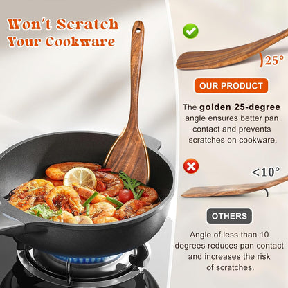 2Pcs Wooden Spatula, Acacia Solid & Slotted Turner Spatula Set, Long Handle Flat Frying Spatulas, Ideal Kitchen Gift for Mother and Grandma, Kitchen Utensils Set for Cooking, Frying, Baking