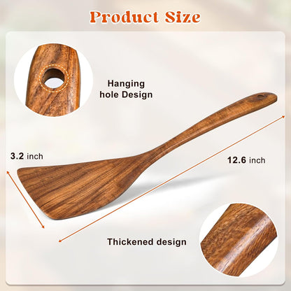 2Pcs Wooden Spatula, Acacia Solid & Slotted Turner Spatula Set, Long Handle Flat Frying Spatulas, Ideal Kitchen Gift for Mother and Grandma, Kitchen Utensils Set for Cooking, Frying, Baking